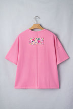 Bright Pink Floral Patched Raw Seam Big Flower Oversize Tee