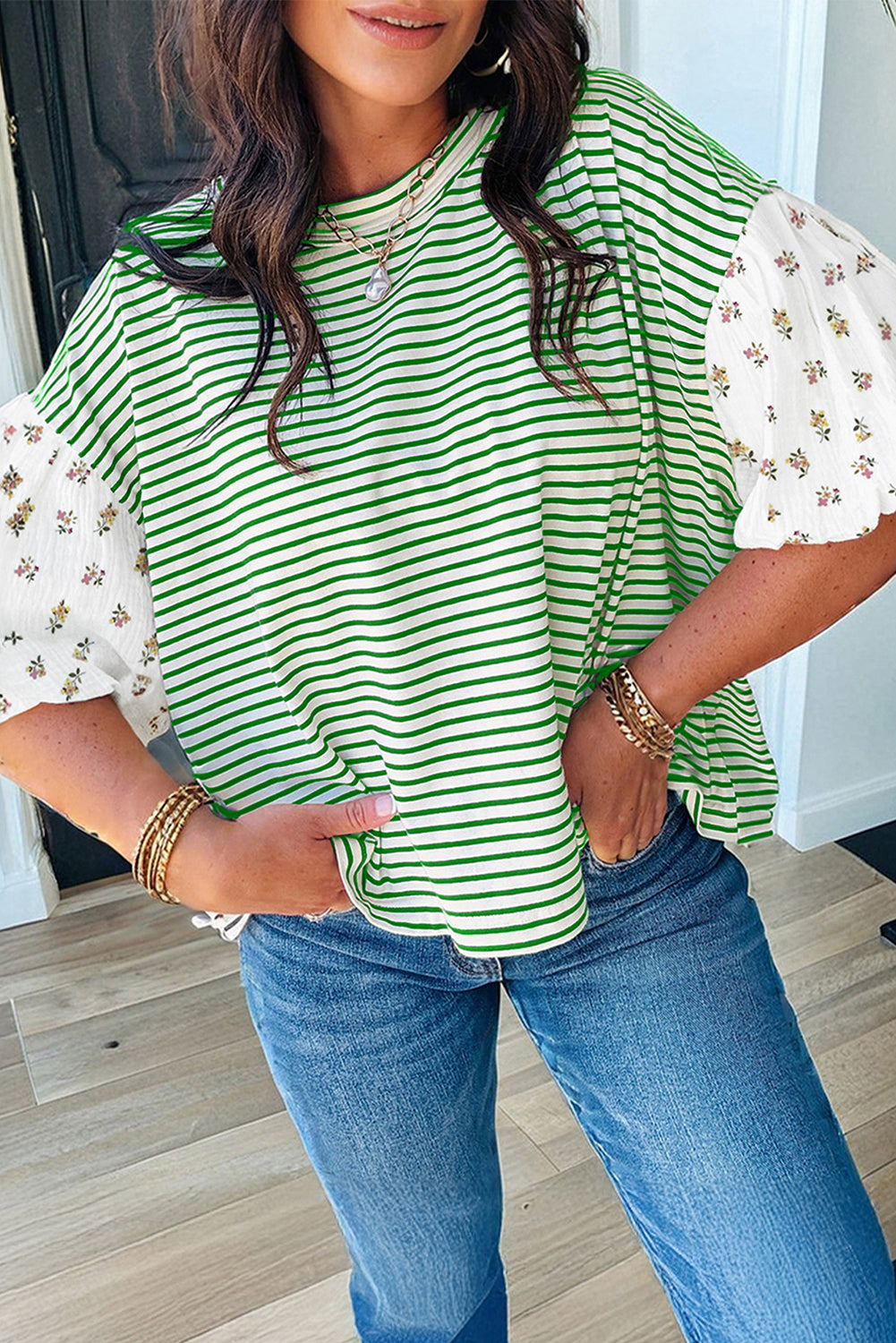 Striped Floral Puff Sleeve Patchwork Round Neck Loose Top