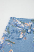 Sky Blue Retro Floral Print Frayed Hem Shift Jeans