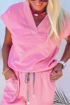Solid Color V Neck Tee Drawstring Pant Set