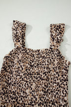 Brown Ruffled Straps Smocked Tiered Leopard Maxi Dress