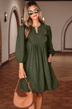 Bracelet Sleeve Split Neck Scallop Detail Pleated Corduroy Mini Dress
