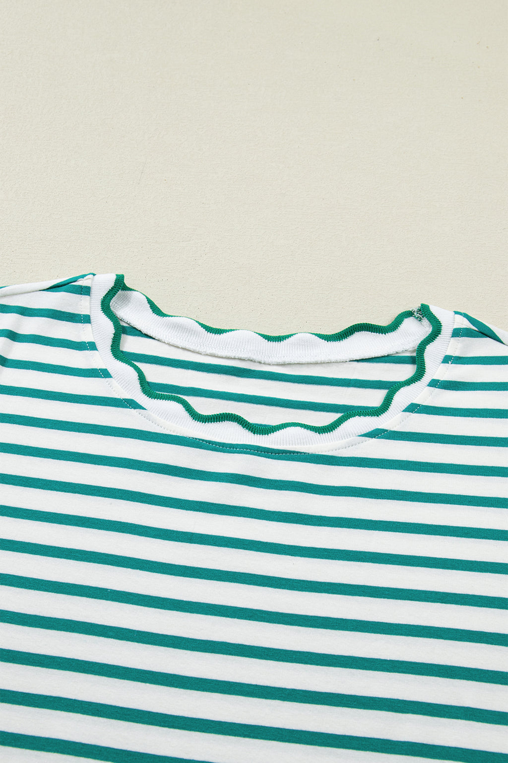 Striped Scalloped Trim Round Neck T Shirt