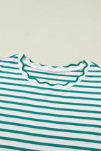 Striped Scalloped Trim Round Neck T Shirt
