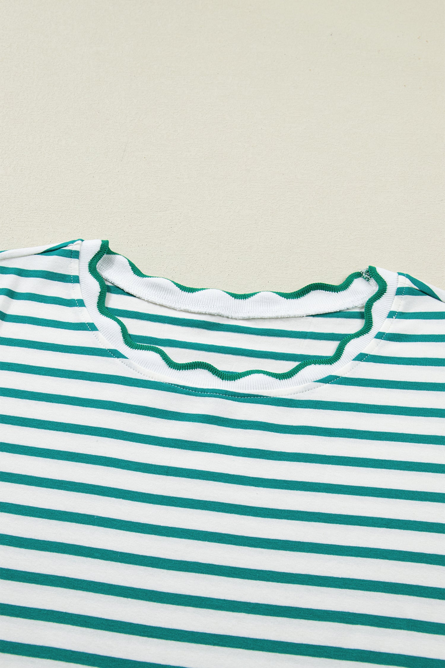 Striped Scalloped Trim Round Neck T Shirt