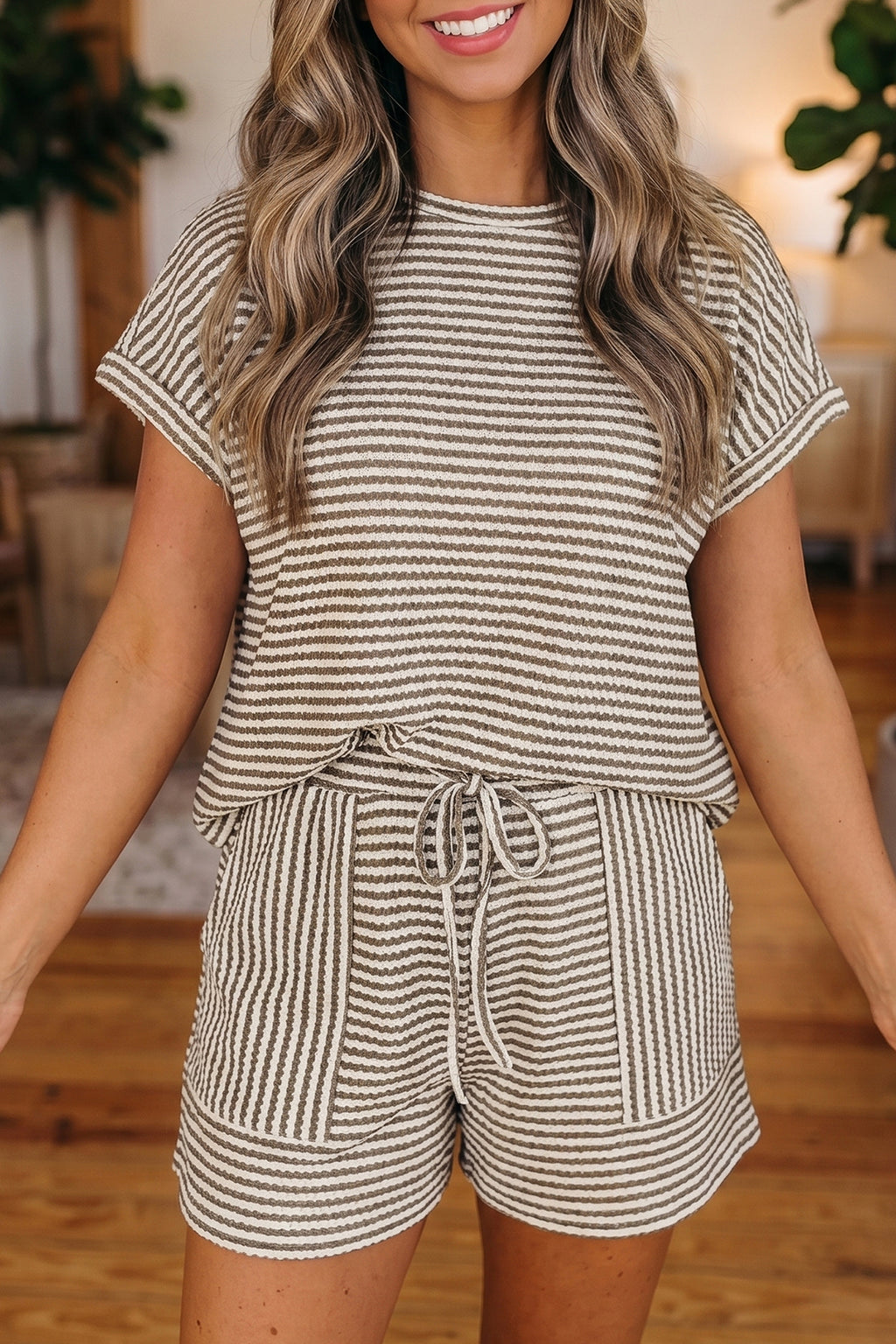 Striped Breathable Textured Knit Short 2pcs Set
