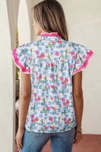 Rose Floral Print Color Block Striped Trim Flutter Sleeve Half Button Blouse