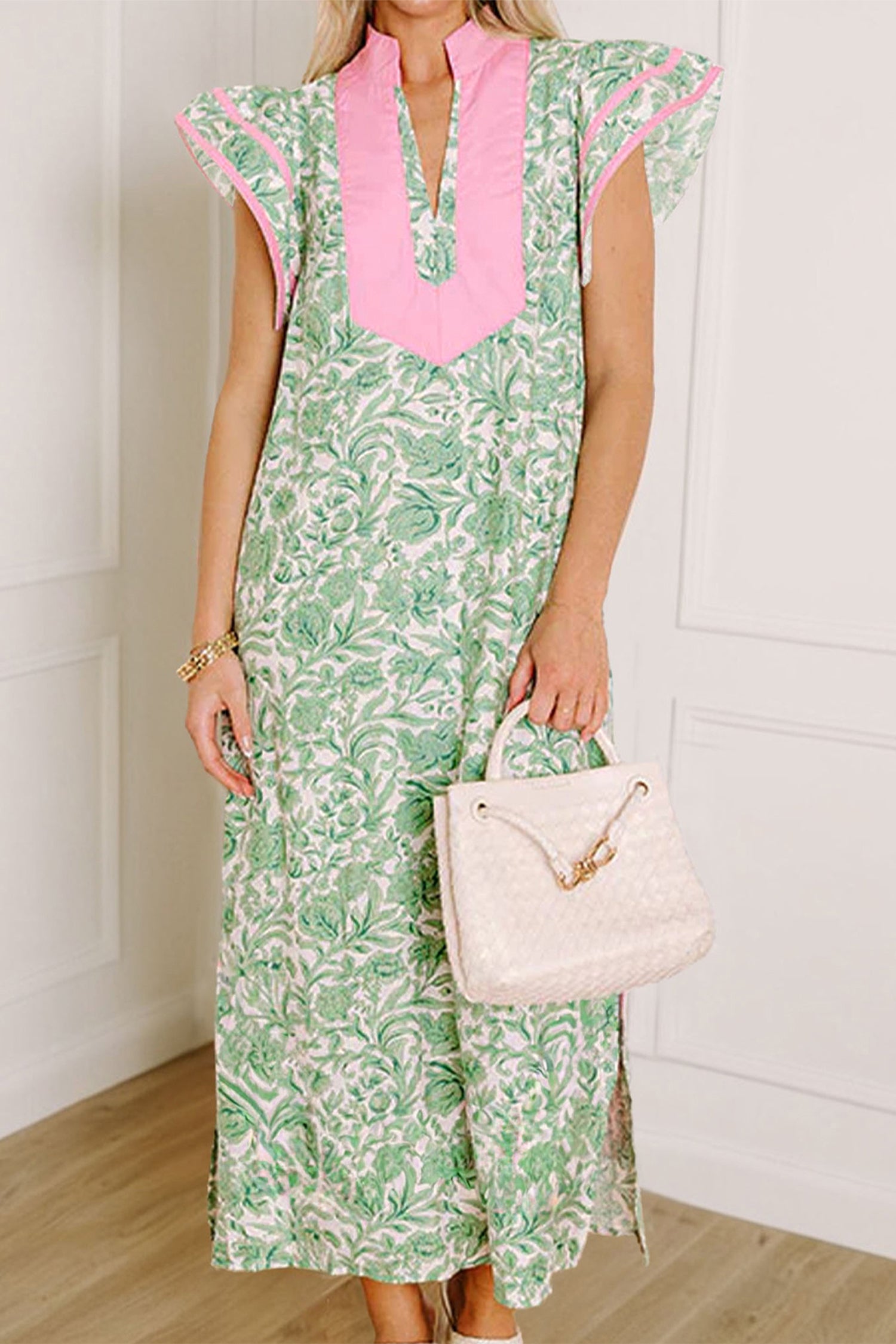 Floral Print Color Block Patchwork V Neck Short Sleeve Midi Dress