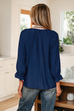 Leopard Trim V Neck Flounced Bracelet Sleeve Blouse