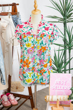 Sky Blue Floral Print Split Neck Button Front Flutter Sleeve Blouse