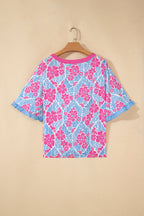 Purple Floral Print Ruffled Color Block Trim Half Sleeve Blouse