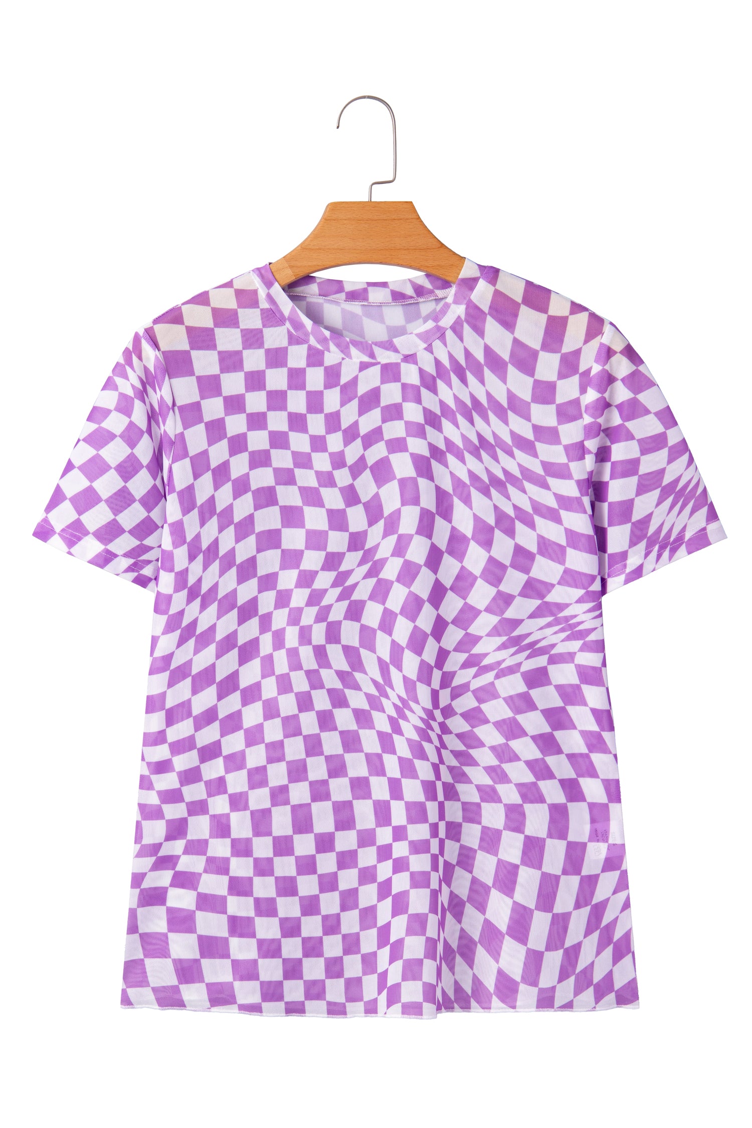 Purple Checkered Print Mock Neck Mesh T Shirt