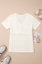 White Solid Color Textured Button V Neck Raw Seam Henley Tee