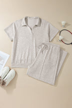 Light Grey Plus Size V Neck Polo Tee Drawstring Loose Pants 2pcs Set