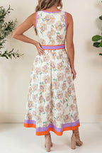 White Floral Print Color Block Trim Belted Sleeveless Maxi Dress