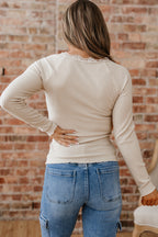 Lace Neckline Button Decor Lettuce Edge Long Sleeve Ribbed Top