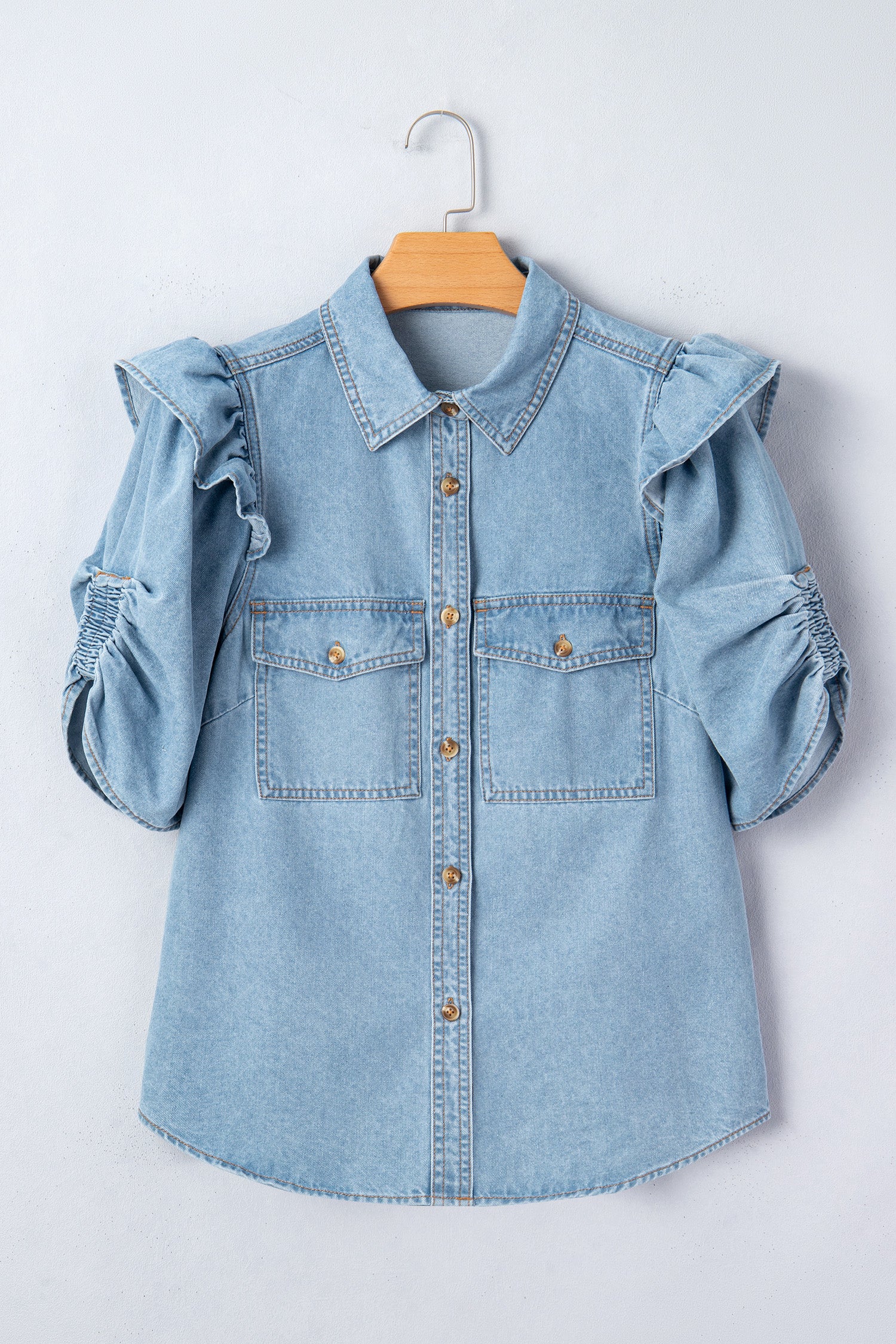 Myosotis Ruffle Detail Short Puff Sleeve Button Down Flap Pocket Denim Shirt