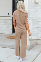 Striped Crew Neck Tee Drawstring Waist Cropped Pants Set