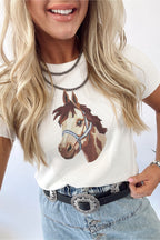 White Wild West Horse Head Printed Short Sleeve Sweater