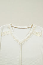 Beige Thermal Knit Lace Ruched Patchwork Long Sleeve V Neck Top