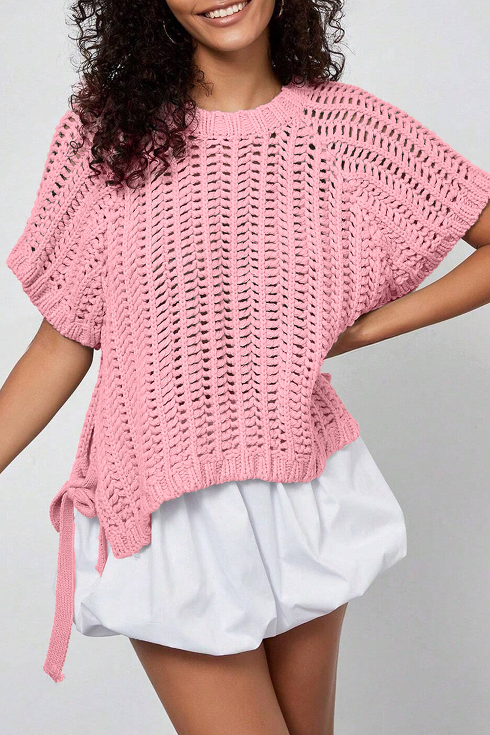 Plus Size Open Knit Bow Tie Short Sleeve Sweater