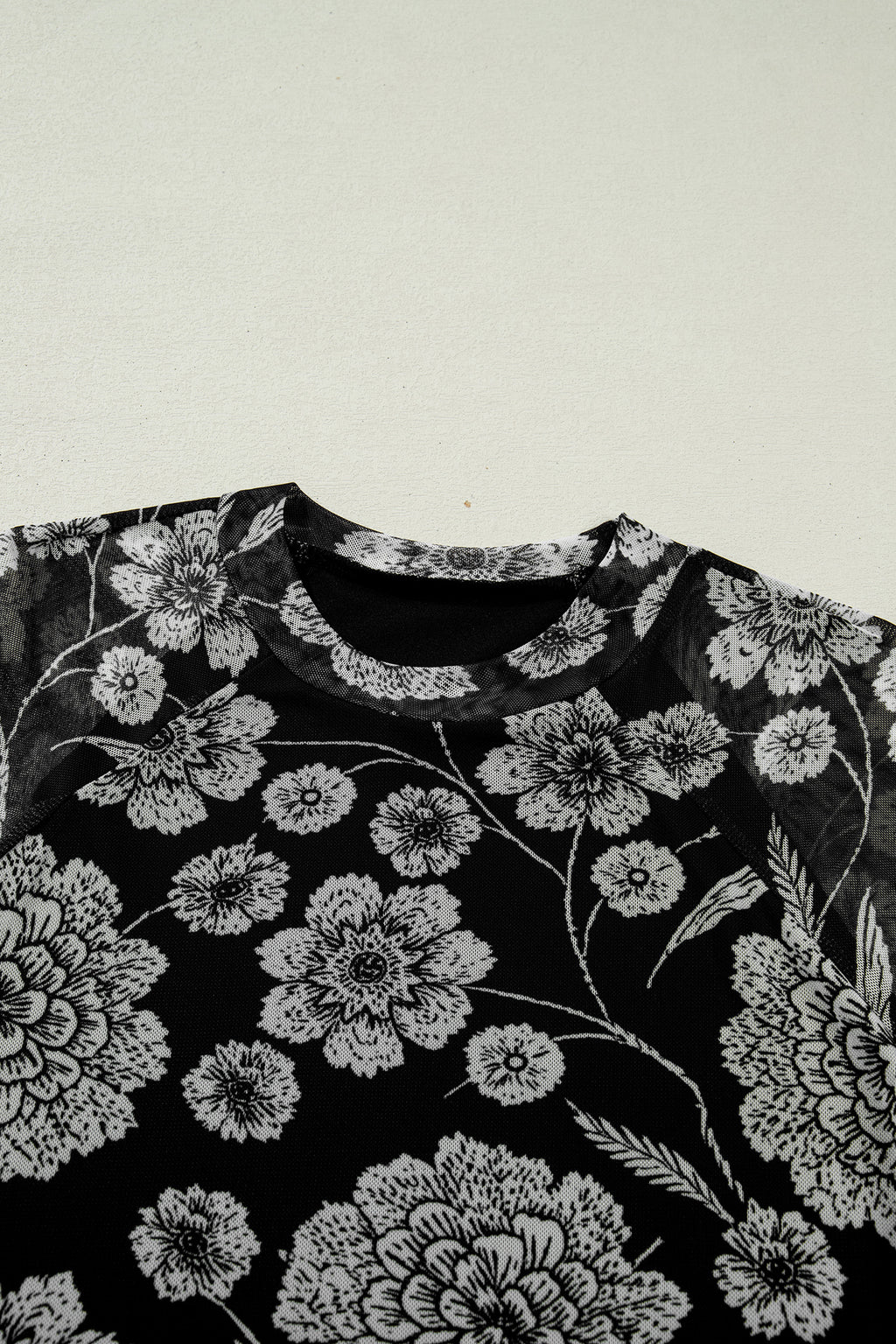 Thumbhole Long Sleeve Floral Print Mesh Top
