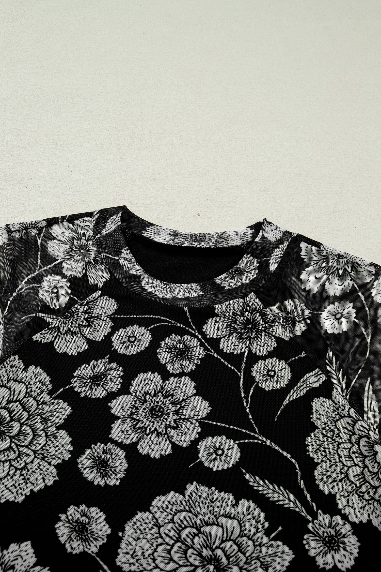 Thumbhole Long Sleeve Floral Print Mesh Top