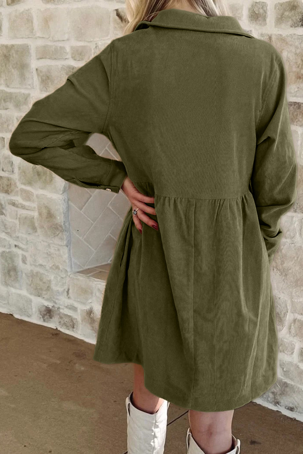Corduroy Half Button Collared Long Sleeve Mini Dress