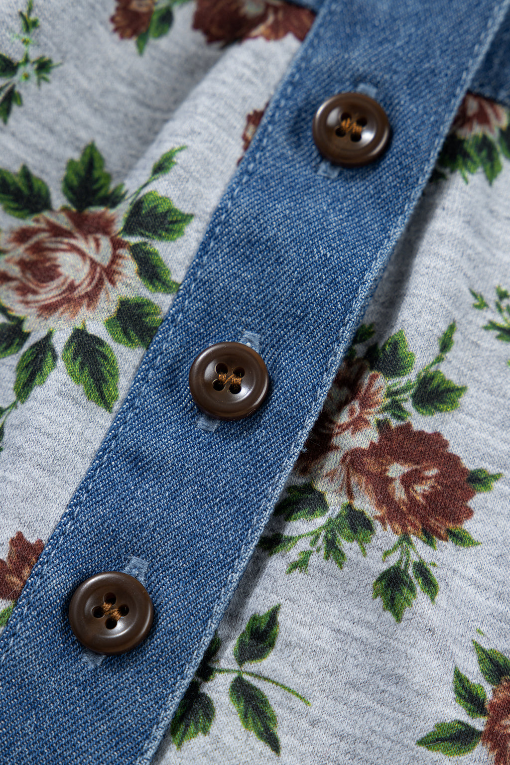 Grey Retro Floral Print Denim Patchwork Buttoned Polo Collar Top