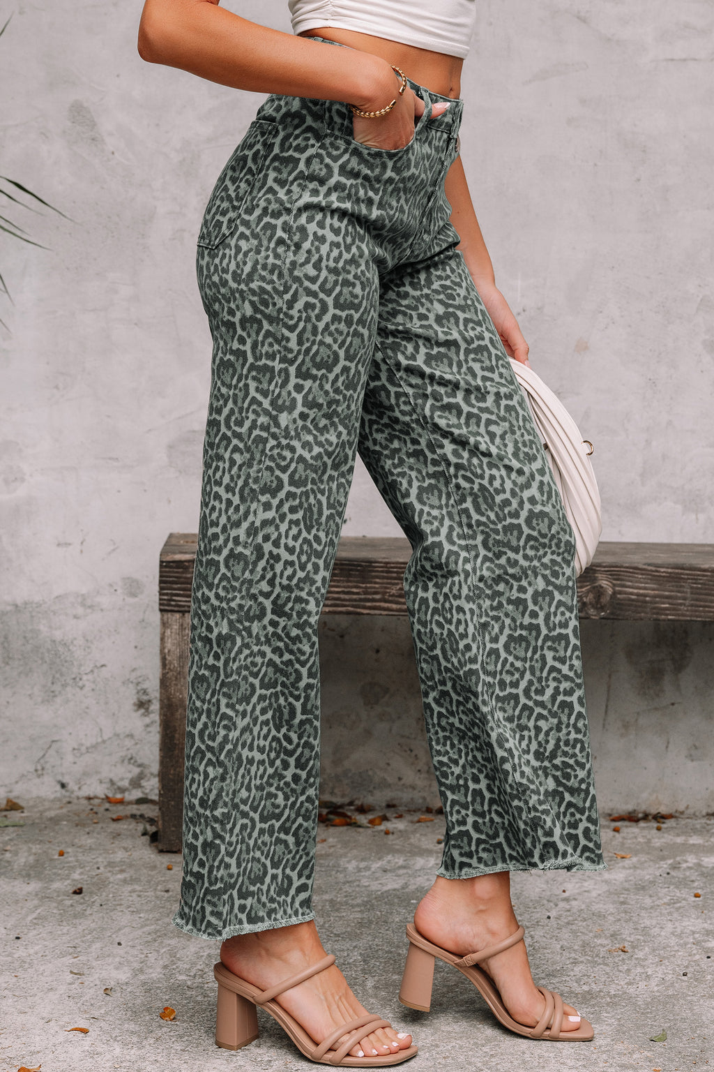 Grey Leopard Frayed Edge Wide Leg High Waist Jeans