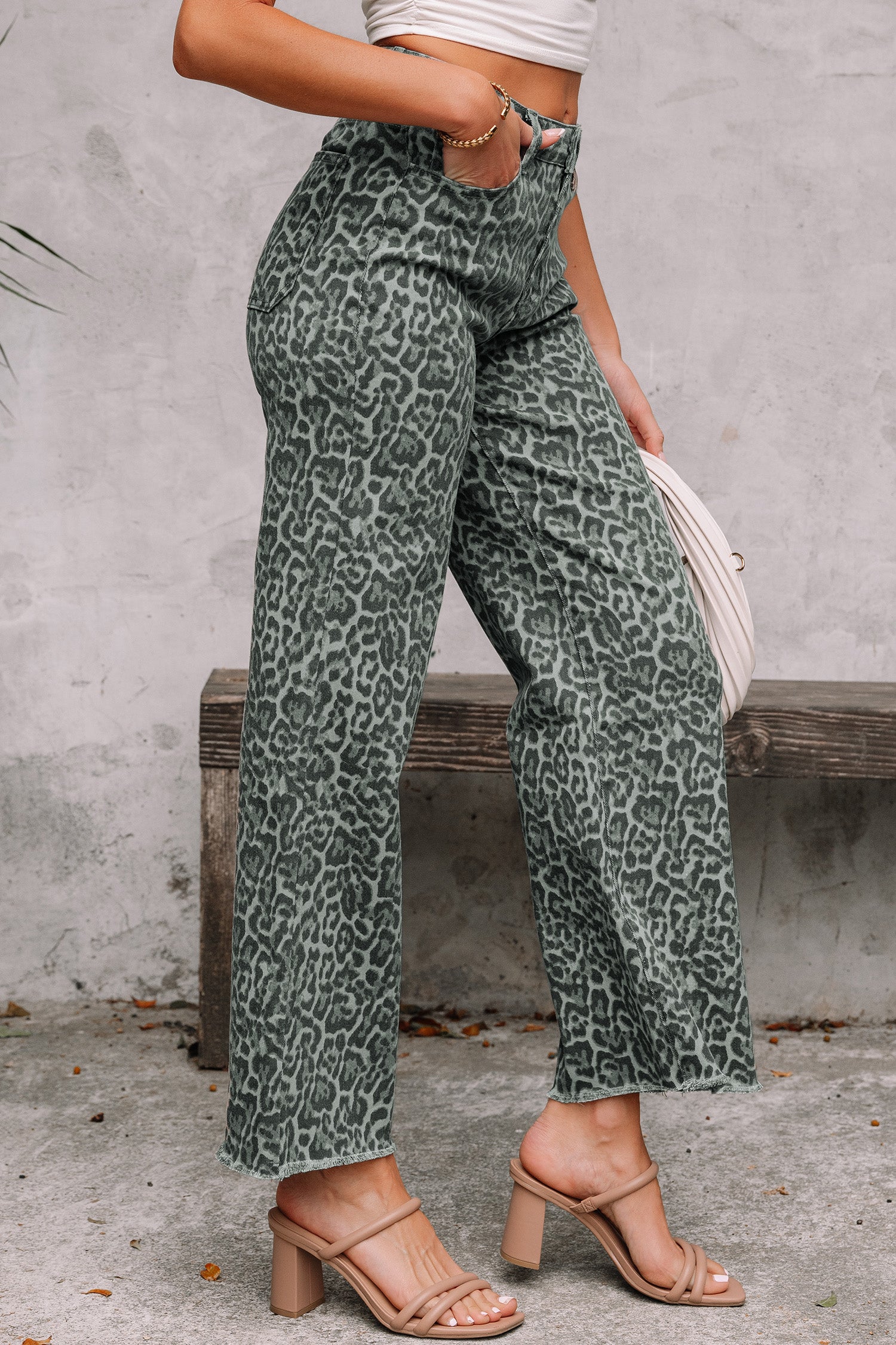 Grey Leopard Frayed Edge Wide Leg High Waist Jeans
