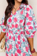 Red Elegant Floral Puff Sleeve Midi Dress