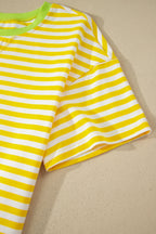 Striped Contrast Neck Loose Tee and Drawstring Shorts Set
