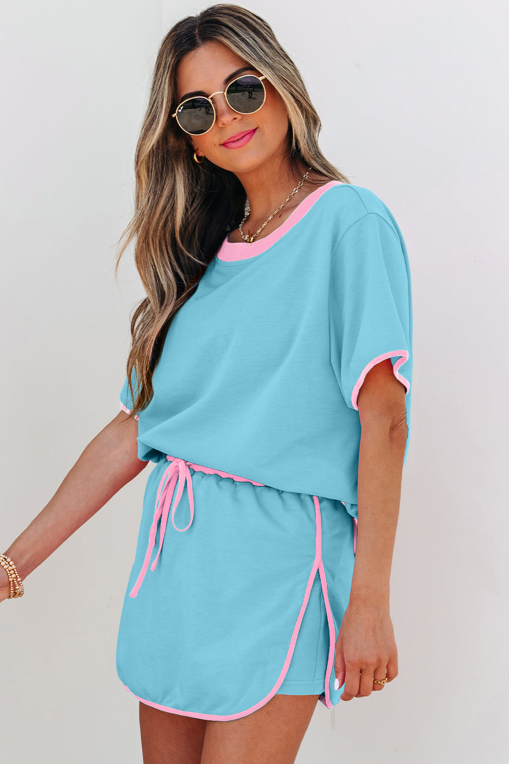Color Block Edge Drop Shoulder T Shirt and Skort 2Pcs Set