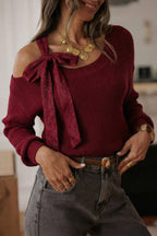Burgundy Lace Bowknot Asymmetric Neck Sweater