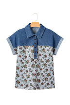Grey Retro Floral Print Denim Patchwork Buttoned Polo Collar Top