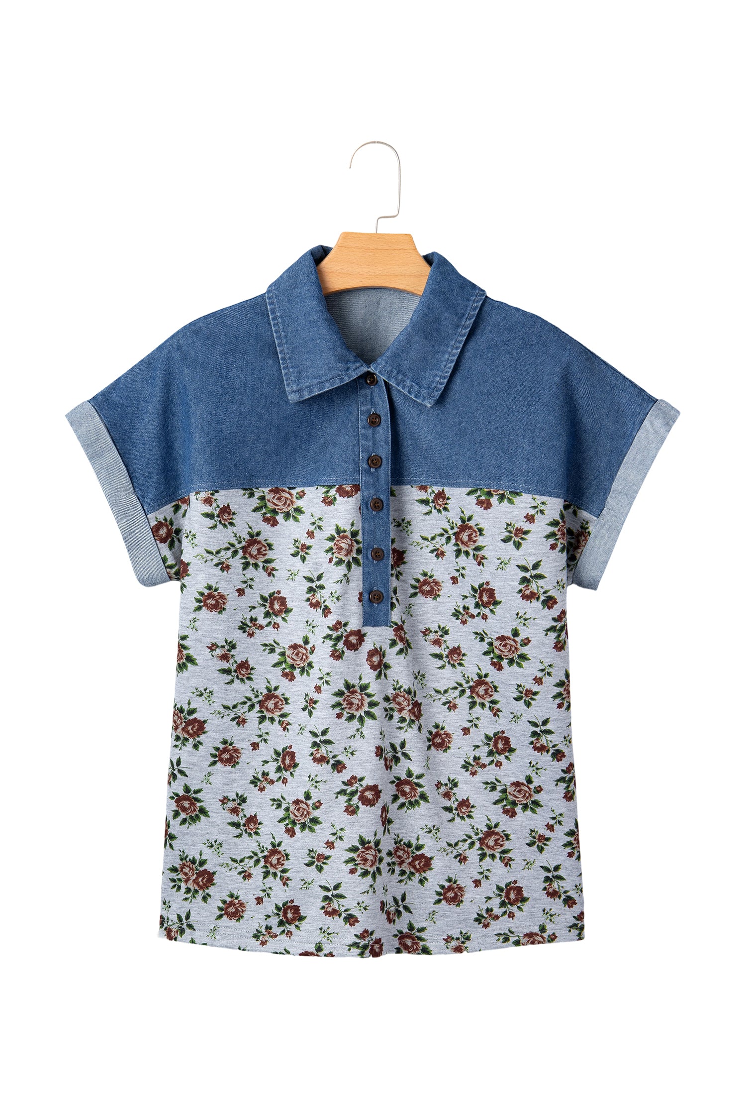 Grey Retro Floral Print Denim Patchwork Buttoned Polo Collar Top