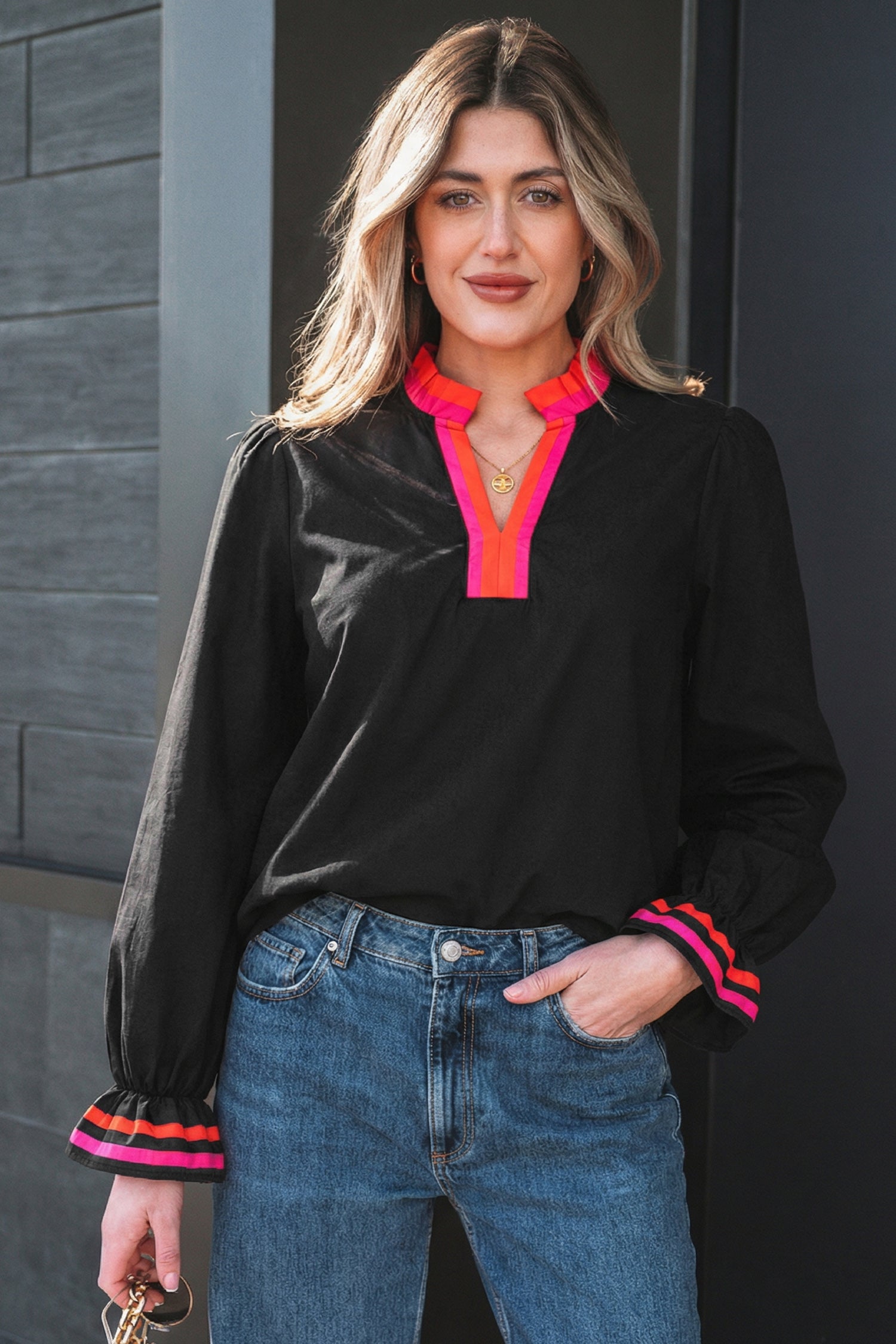 Striped Trim Ruffle Split Neck Long Sleeve Blouse