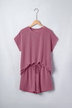 Pitaya Pink Twisted Ribbed Loose Tee Drawstring Elastic Waist 2pcs Short Set