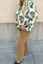 Green Plus Size Floral Printed Contrast Patchwork Detail Tassel Tie 3/4 Sleeve Blouse