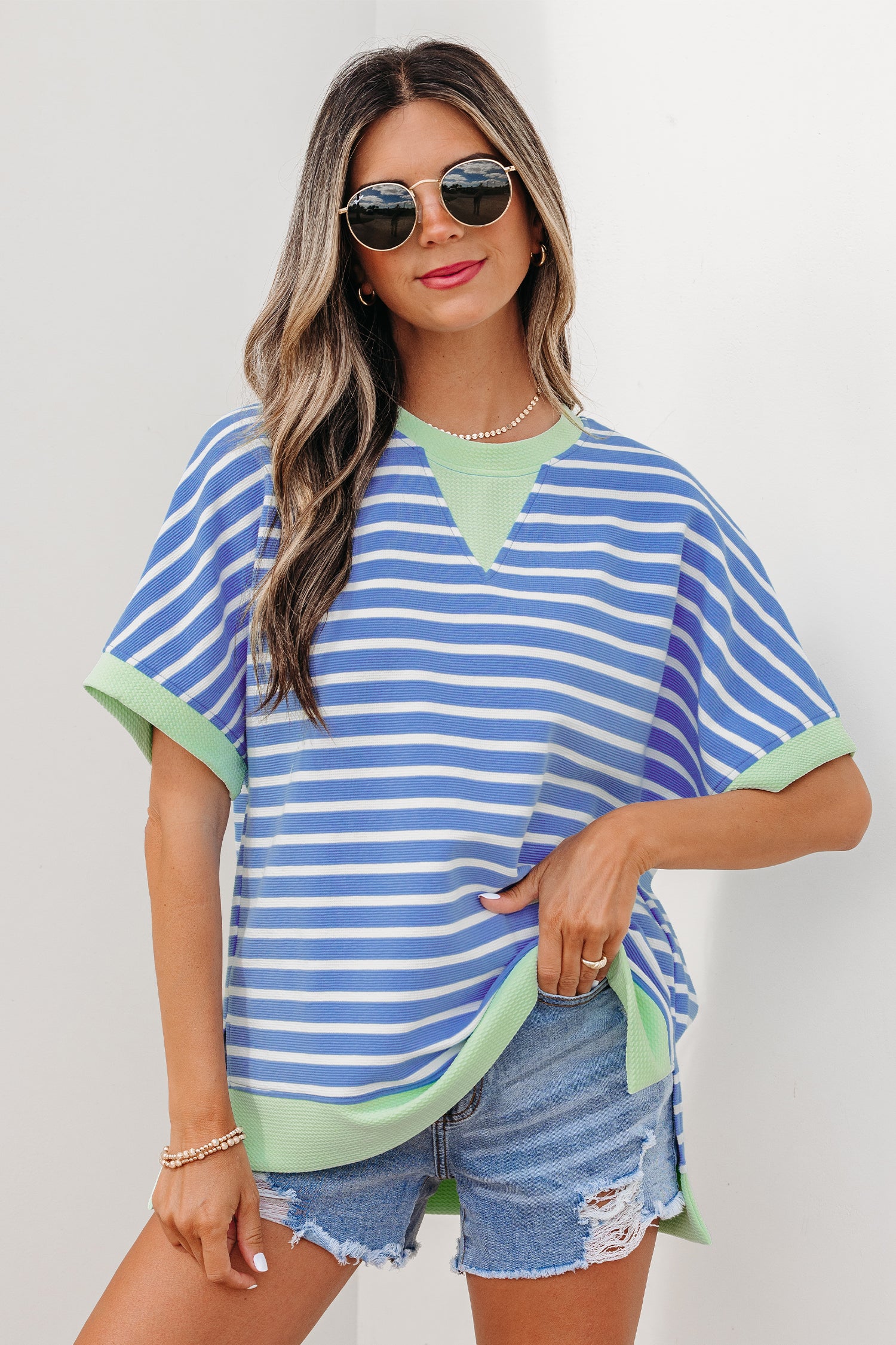 Striped Contrast Trim Loose Short Sleeve Top
