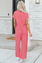 Striped Crew Neck Tee Drawstring Waist Cropped Pants Set