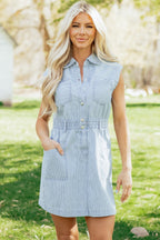 Sky Blue Stripe Collared Button Front Sleeveless Denim Mini Dress