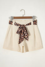 Leopard Contrast Sash Belt Pleated Wide Leg Shorts
