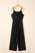 Black Solid Spaghetti Strap Wide Leg Drawstring High Waist Jumpsuit