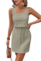 Four Leaf Clover Eyelet Textured Square Neck Drawstring Mini Dress