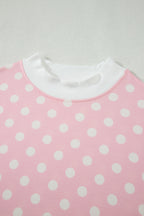 Pink Polka Dot Print Mock Neck Short Sleeve Top Shift Pant Set