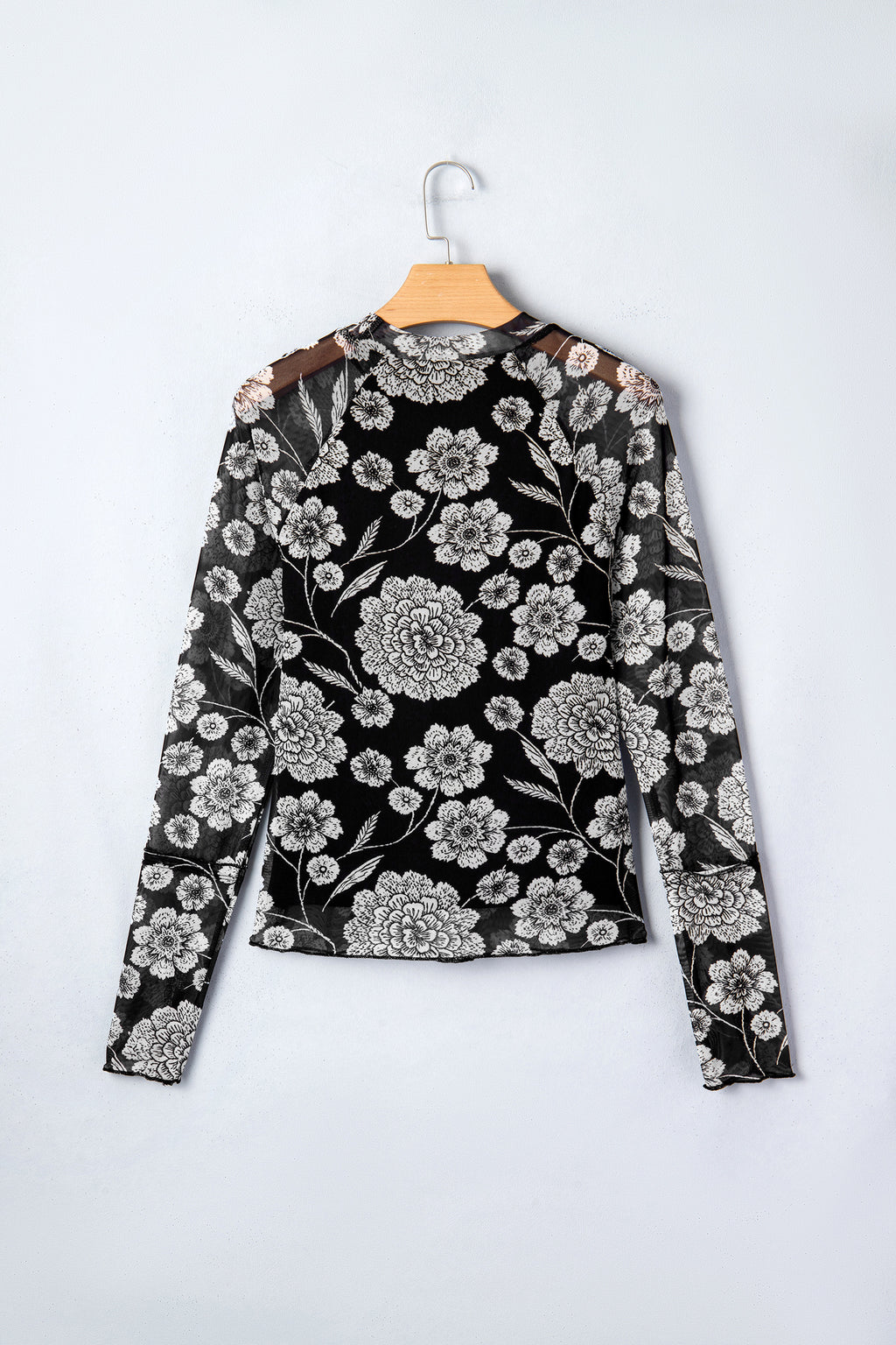 Thumbhole Long Sleeve Floral Print Mesh Top