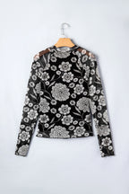 Thumbhole Long Sleeve Floral Print Mesh Top