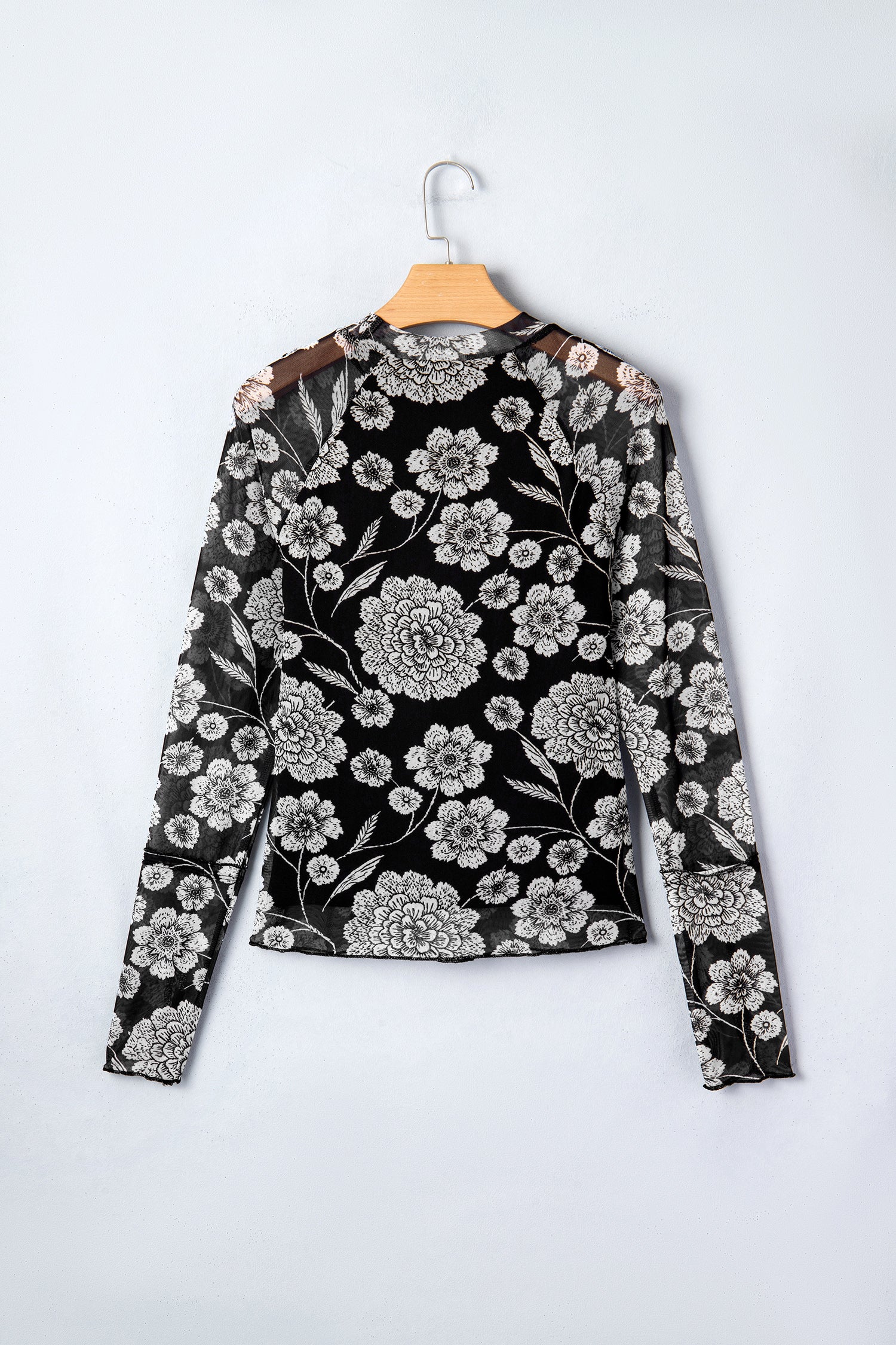 Thumbhole Long Sleeve Floral Print Mesh Top